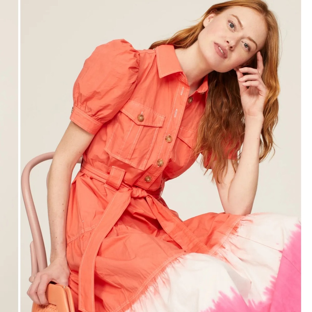 Coral Puff Sleeve Belted Dress